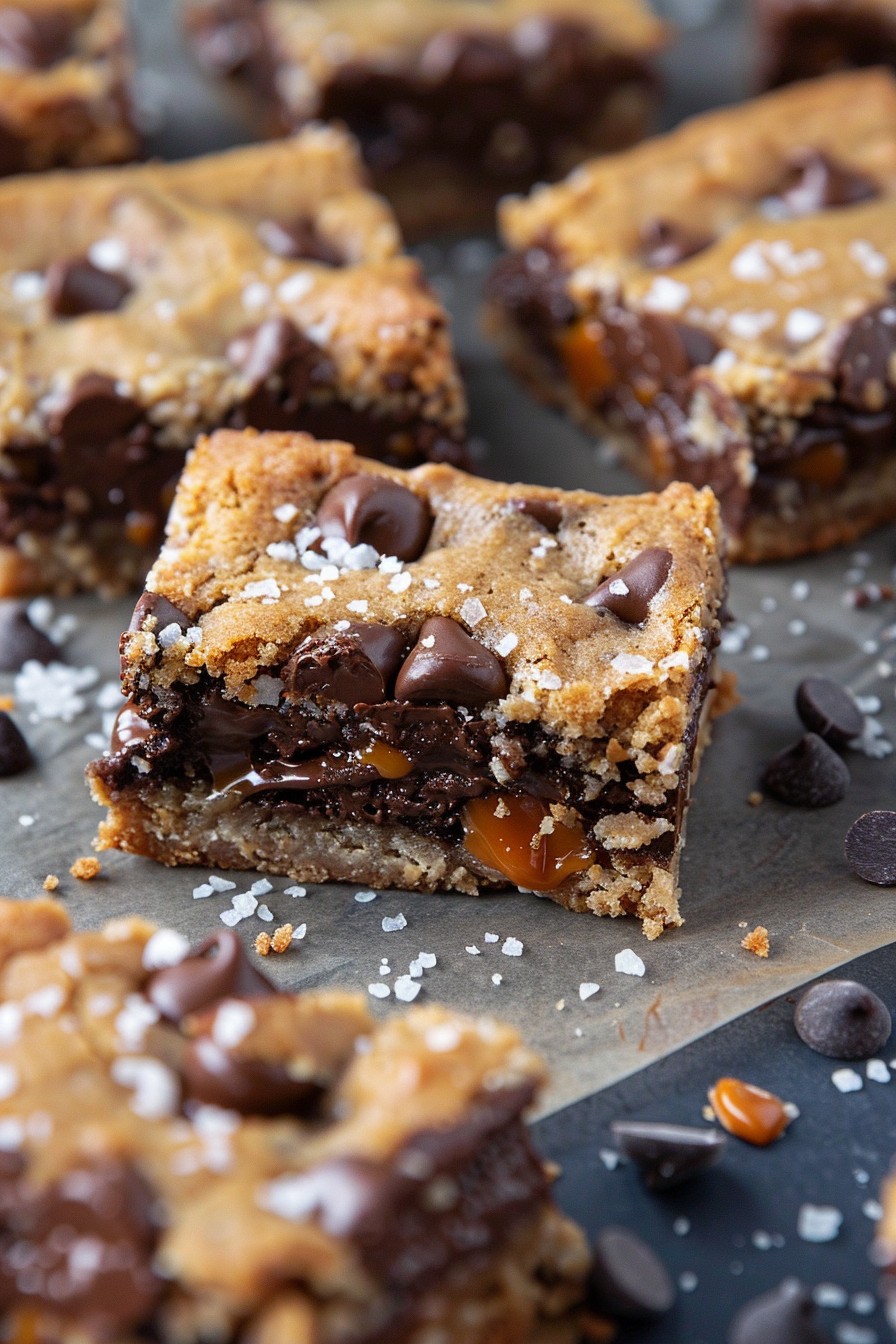 Gooey Salted Caramel Chocolate Chip Cookie Bars