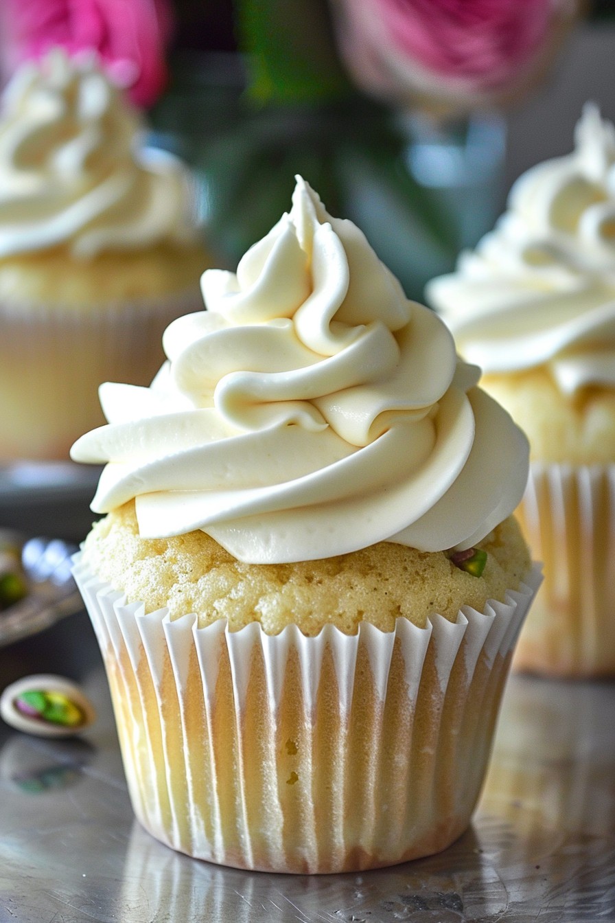 Luscious Pistachio Cupcakes With Vanilla Buttercream Frosting