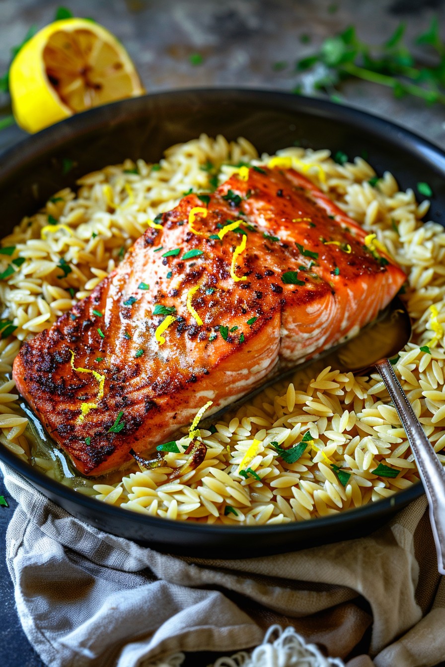 One Skillet Salmon With Lemon Orzo